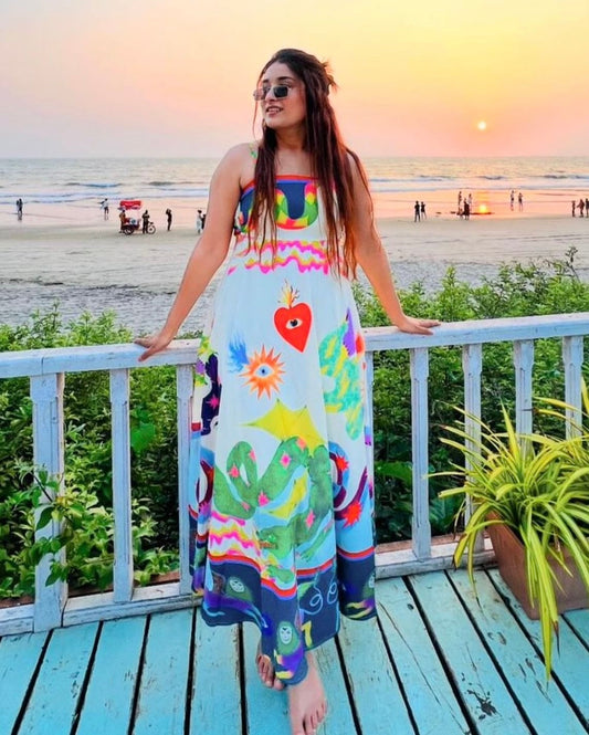 LONG PRINTED STRPPY DRESS