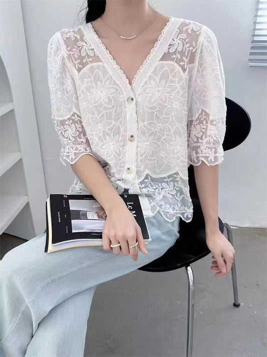 Women V-Neck Lace Shirt